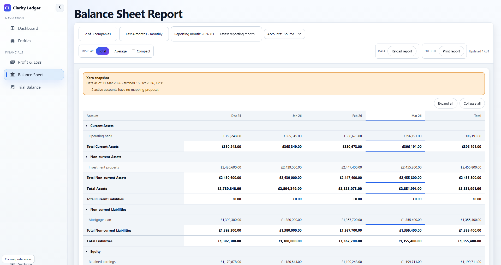 Balance sheet reporting for your portfolio in Clarity Ledger, with fictional GBP company data