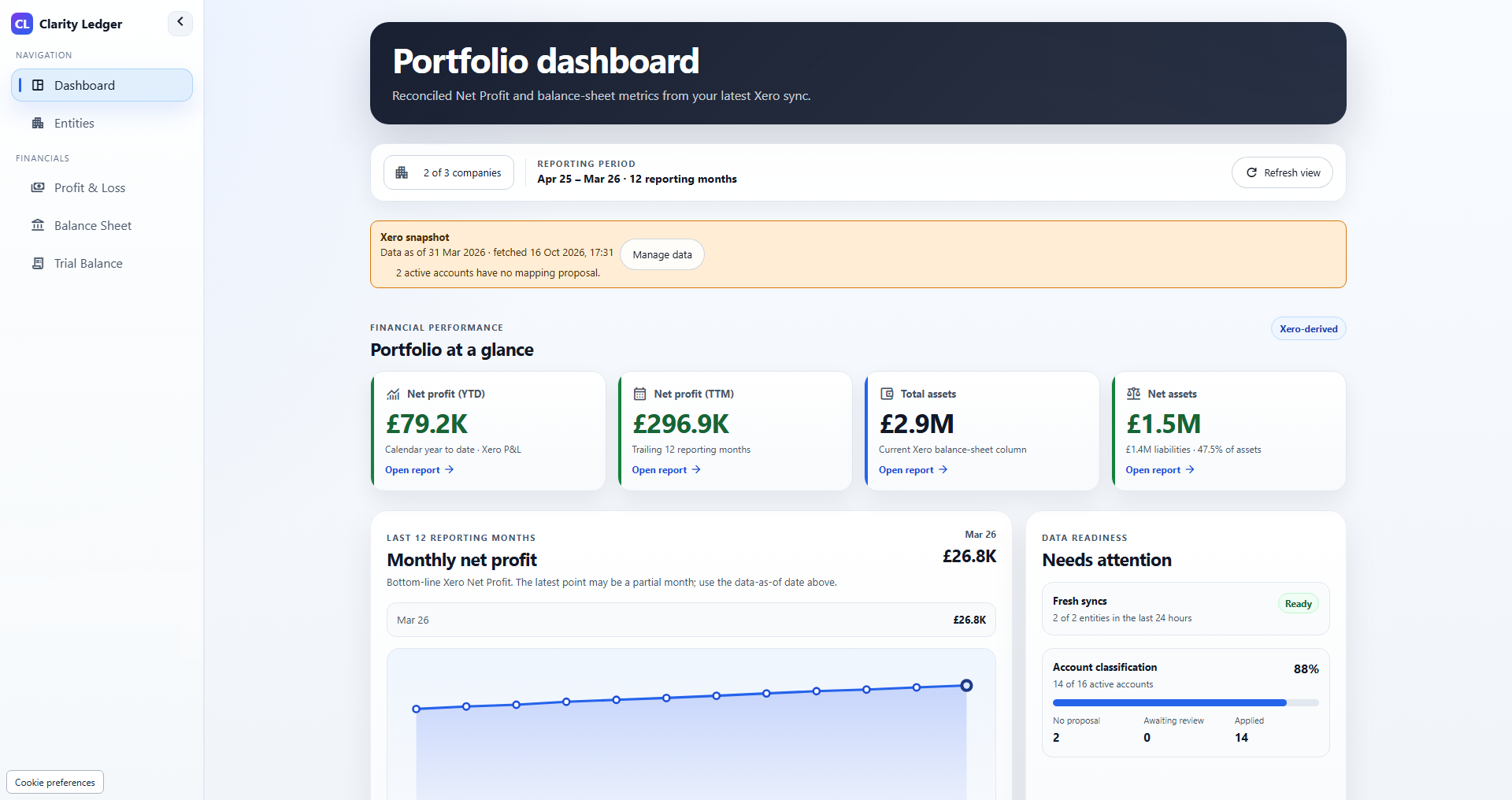 Clarity Ledger portfolio dashboard showing selected fictional GBP property companies, reporting dates and financial summaries