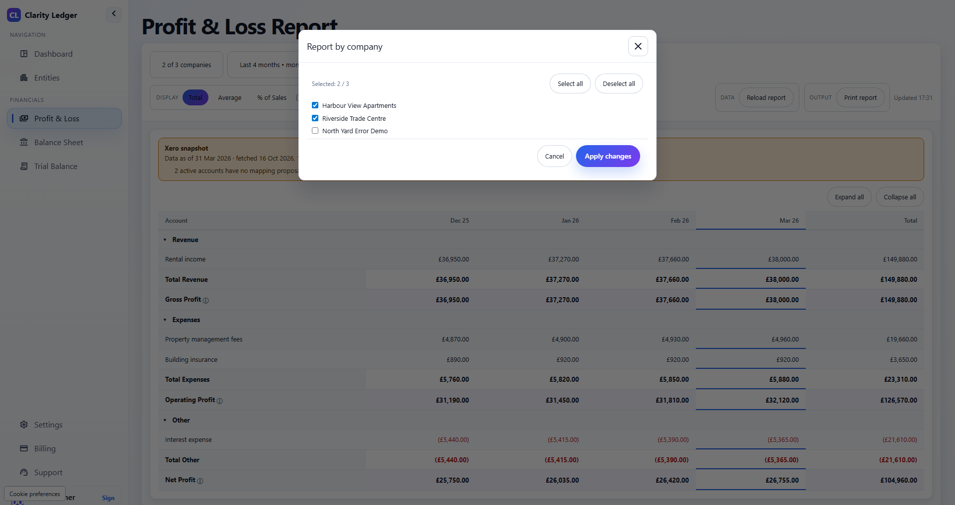 Company and reporting period selection in Clarity Ledger using fictional property companies