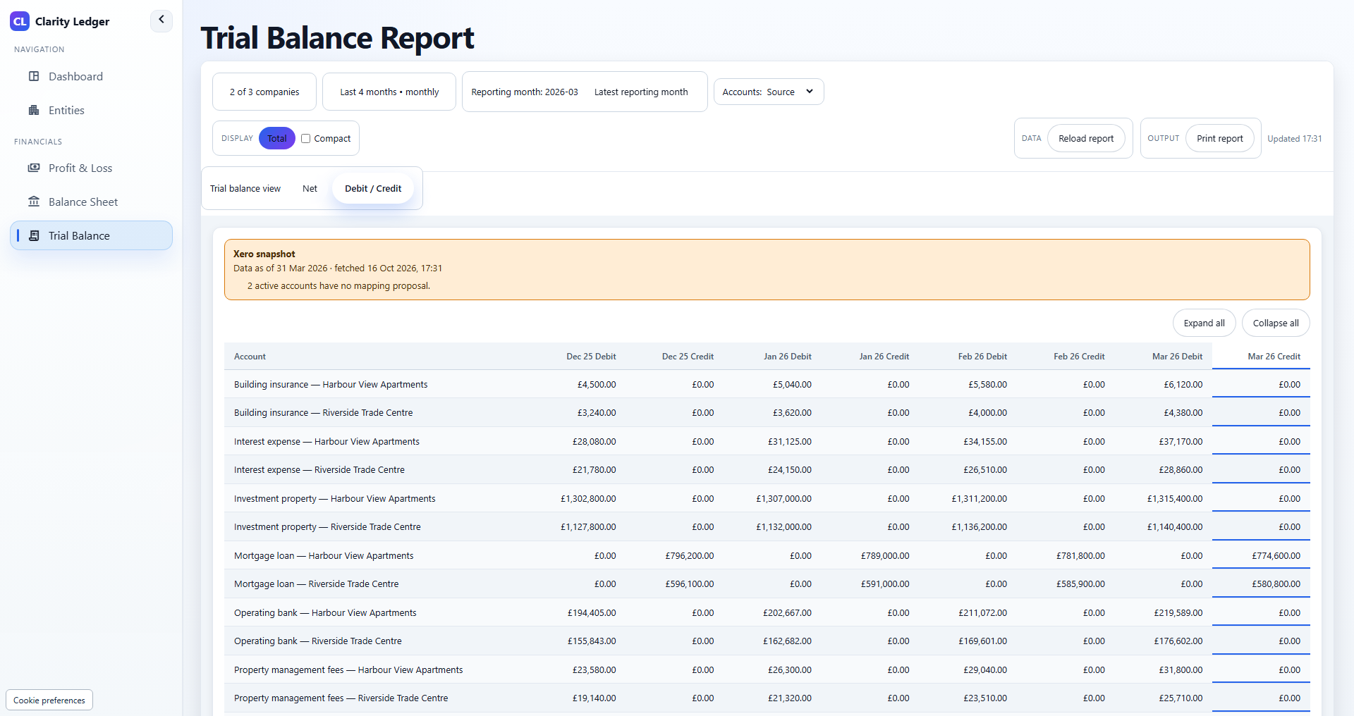Trial balances with visible mapping gaps in Clarity Ledger, with fictional GBP company data